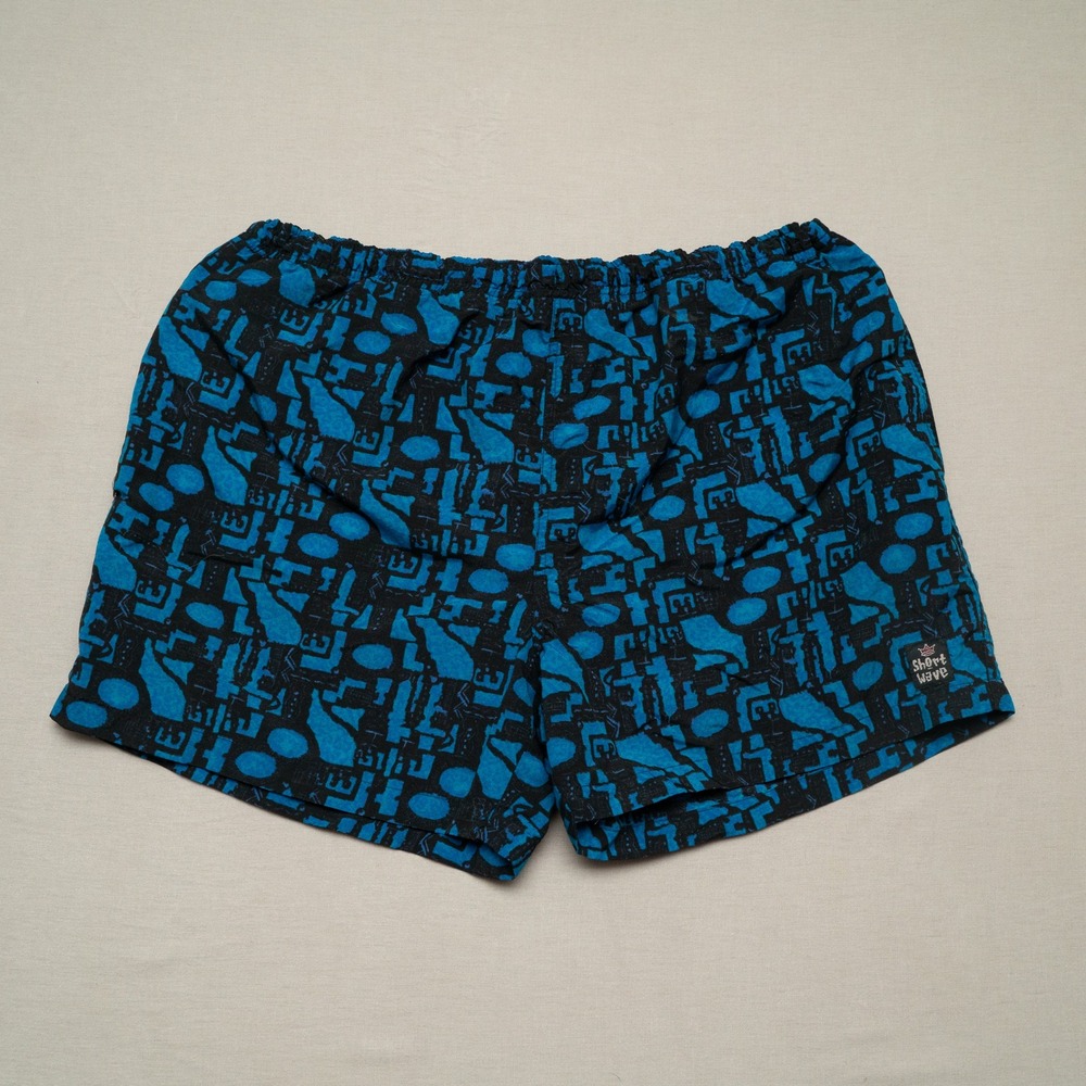 Vintage Short Wave Adult L Swim Trunk Board Beach Water Short Blue Pattern 90s